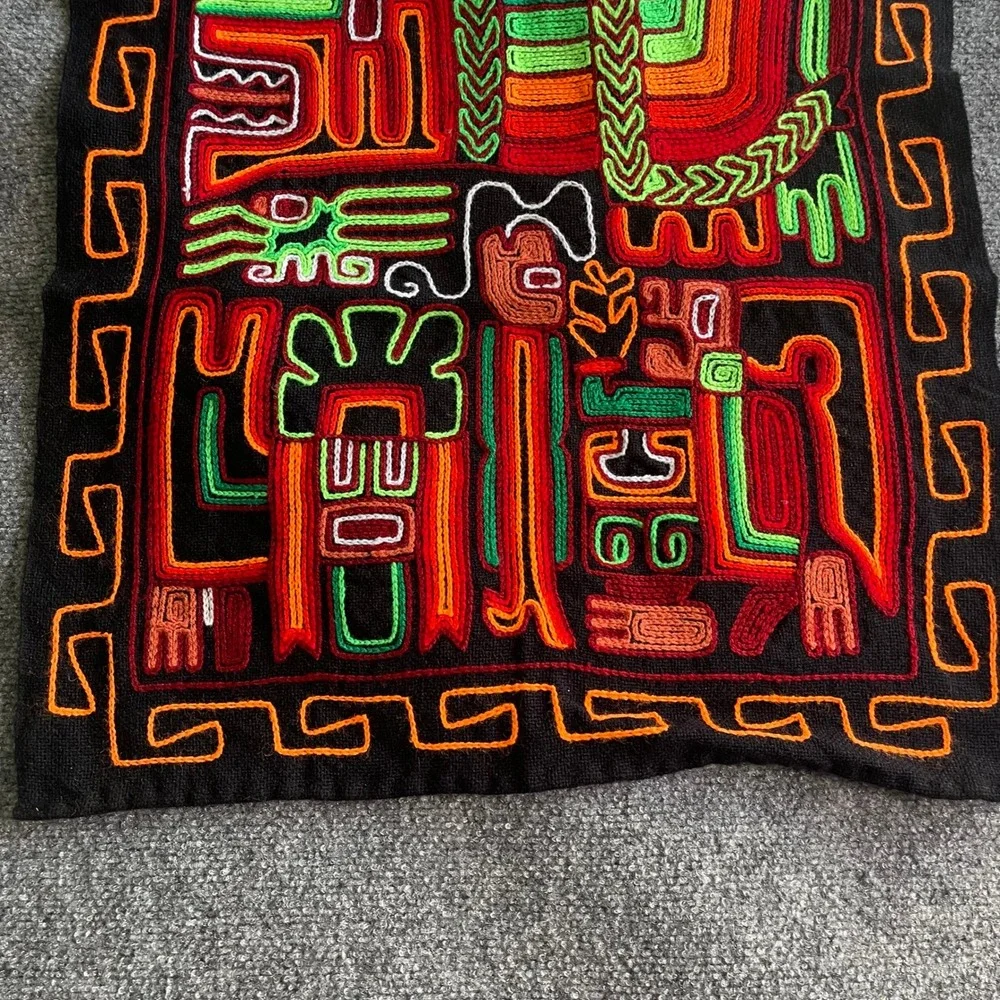 Peruvian Hand Embroidered Mola Textile Art Wall Hanging Incan Mythical Figures